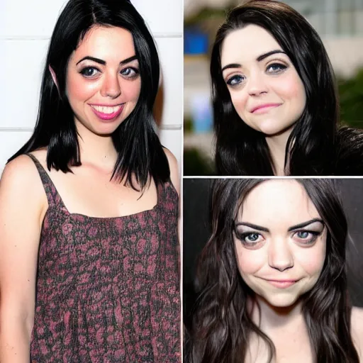 Image similar to a girl with long black hair and thick eyebrows, her face is a mix between aubrey plaza, lucy hale, sarah hyland, anne hathaway and christina ricci