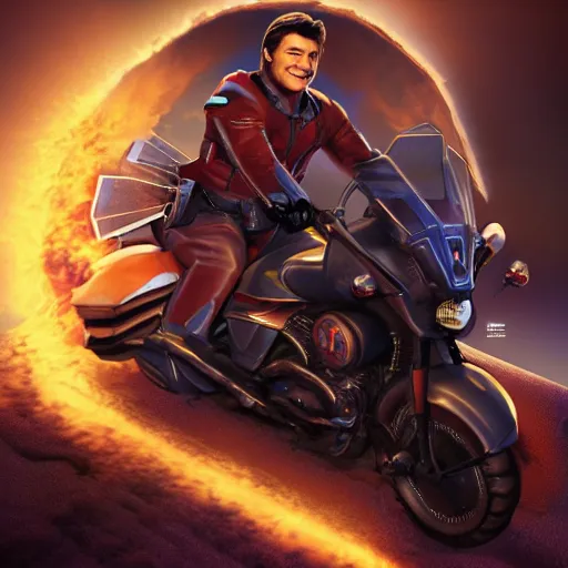 Prompt: Nathan Fillion riding a meteor, stylized octane render