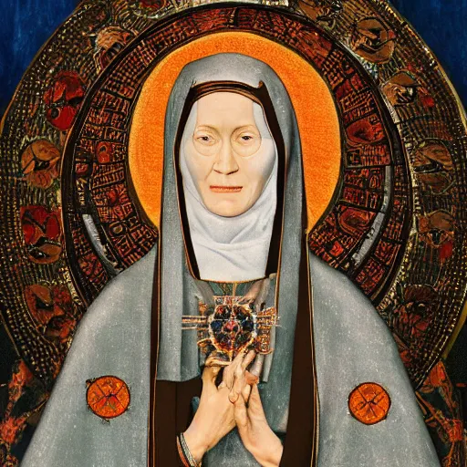 Image similar to A photograph of Hildegard Von Bingen by Richard Avedon, XF IQ4, 150MP, 50mm, f/1.4, ISO 200, 1/160s, natural light, Adobe Photoshop, Adobe Lightroom, DxO Photolab, Corel PaintShop Pro, rule of thirds