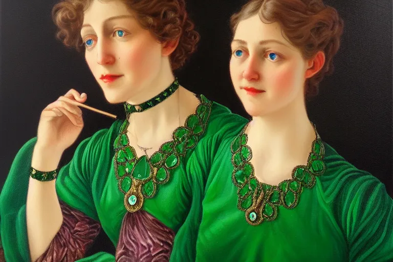 Image similar to highly detailed oil painting, front view, very realistic gemstones, art nouveau, ornate, delicate, brilliant emerald choker, necklace on display, dramatic light,