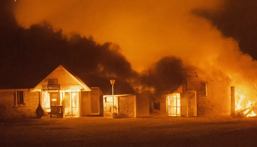 Image similar to 1 9 7 0 s movie still of a heavy burning french style little house by night in autumn, in a small northern french village, by sony mini dv camera, heavy grain, high quality, high detail, dramatic light, anamorphic, flares