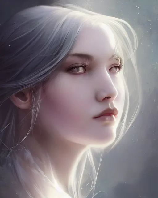 Image similar to side portrait of a beautiful female cleric, ethereal, dreamy, backlit, highly detailed, sad, mystical, intricate, realistic lighting, realistic face, sharp focus, windswept, rule of thirds, symmetrical facial features, by artgerm, wlop, rossdraws, frank frazetta, andrei riabovitchev, trending on artstation, hd, 4 k, fantasy