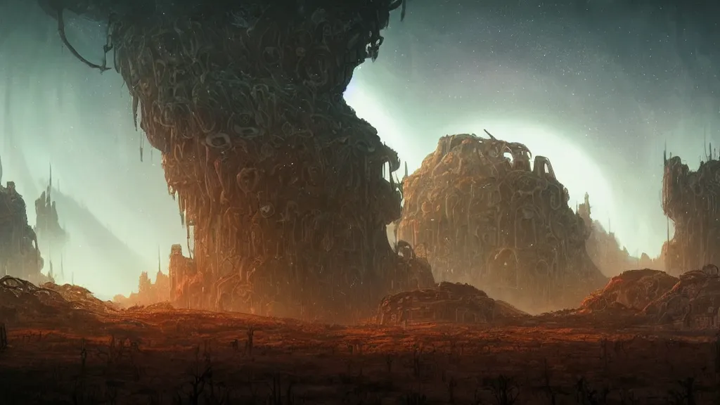 Image similar to eerie atmospheric alien planet with biomechanical plants and the ruins of civilization by les edwards and vincent di fate and anato finnstark, epic cinematic matte painting