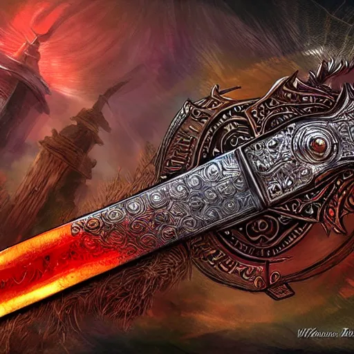 Image similar to warrior sword blade, war theme sword blade, fantasy sword of warrior, armored sword blade, fiery coloring, epic fantasy style art, fantasy epic digital art, epic fantasy weapon art