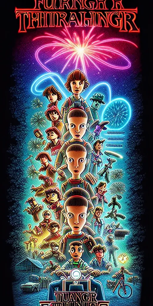 Image similar to animated version of Futurama Stranger Things poster by Matt Groening, cartoon, detailed faces, high resolution, hyper detailed, intricate, illustrated, dramatic lighting !n-9