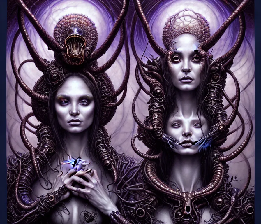 Image similar to A beautiful detailed alien goddess woman with 6 arms super dark tarot card, gorgeous model face by Stanley Artgerm, by tomasz alen kopera and Justin Gerard, 4 eyes, beautiful symmetrical features, ominous, magical realism, melting, texture, intricate, ornate, royally decorated, melting, whirling smoke, embers, purple adornments, blue torn fabric, radiant colors, fantasy, trending on artstation, volumetric lighting, micro details, 3d sculpture, ray tracing, 8k, anaglyph effect