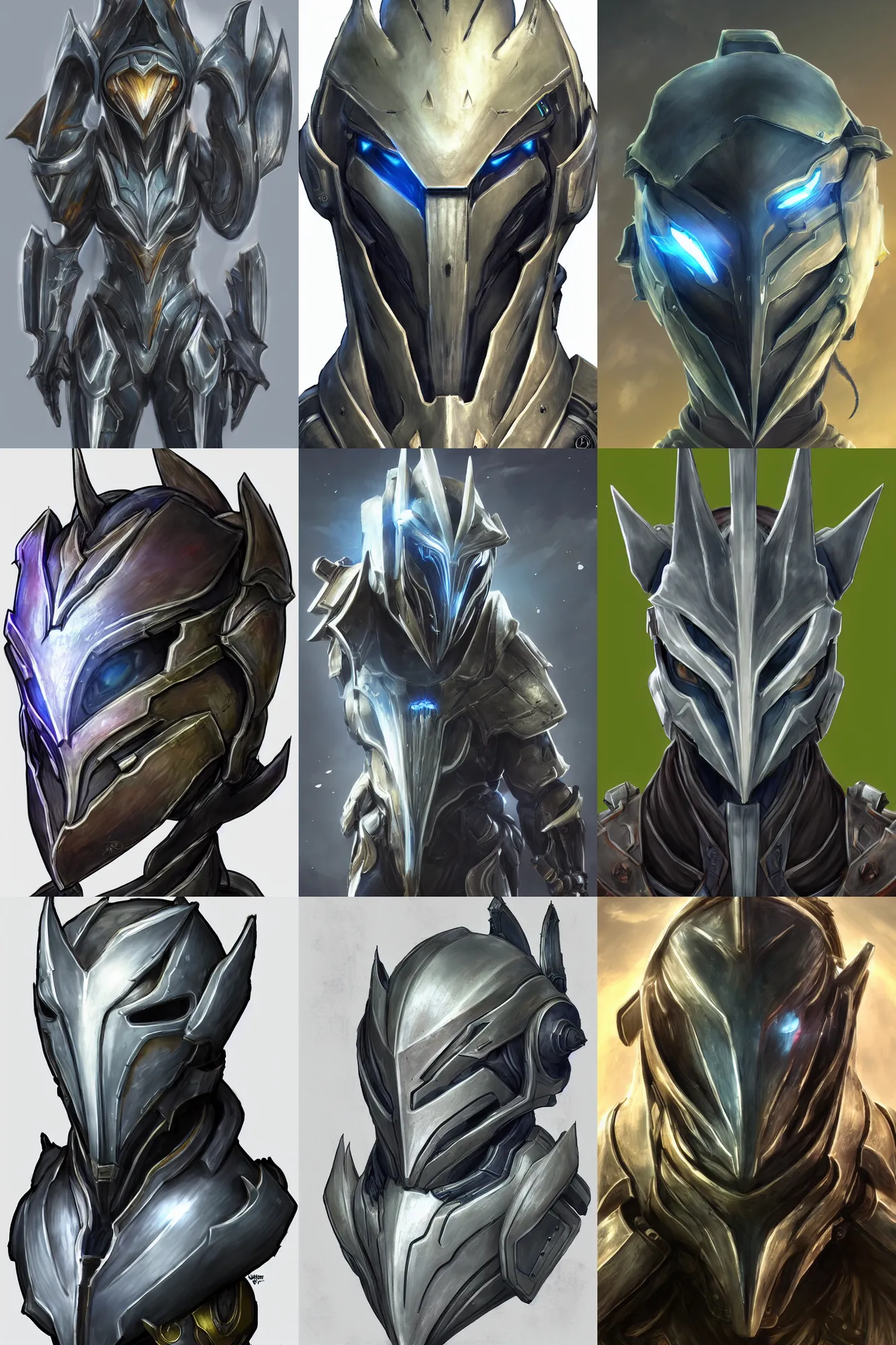 Prompt: headshot character portrait of a warframe helmet!! in the style of final fantasy xiv!!!, wide angle shot, warframe, final fantasy, final fantasy 1 4, final fantasy xiv, realistic shading, realistic lighting, very well detailed, segmented organic armor, standing in a grassy field