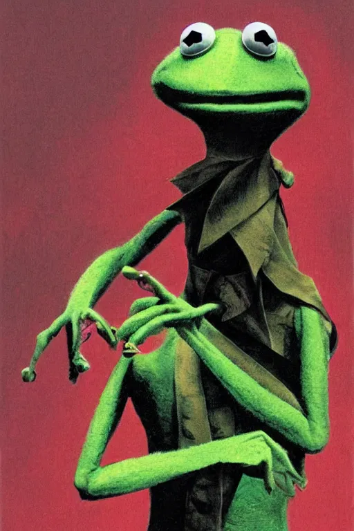 Image similar to solemn portrait of Kermit the frog by Dave McKean