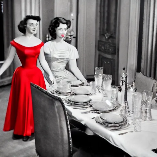 Prompt: the image is a lost hollywood film still 1 9 5 0 s photograph of a scene featuring a scene in which a woman in a red gown attending a state banquet. vibrant cinematography, anamorphic lenses, crisp, detailed image in 4 k resolution.