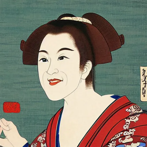 Image similar to very detailed and colorful portrait of bernadette peters smiling, painted in the ukiyo - e style