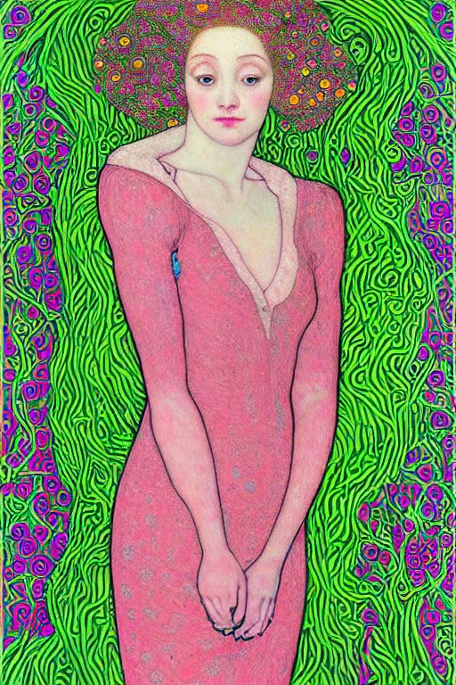 Prompt: “portrait of a young pale woman with pink hair, wearing a neon green dress, intricate details, super-flat, in the style of James Jean and Gustav Klimt”