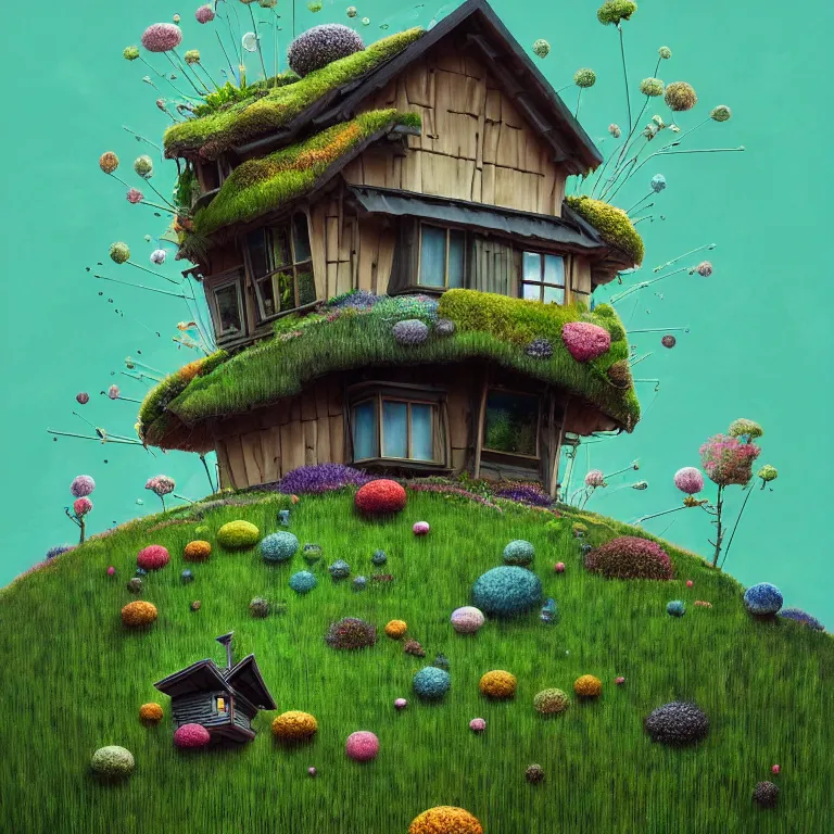 Prompt: tiny house by kengo kuma on island sea cloud surreal art by gediminas pranckevicius geof darrow jason naylor, dark shadows, hard lighting, floralpunk flower green plants garden, inking etching screen print, masterpiece artstation, sharp, colorful high contrast hd, 8 k hyper detailed, octane render