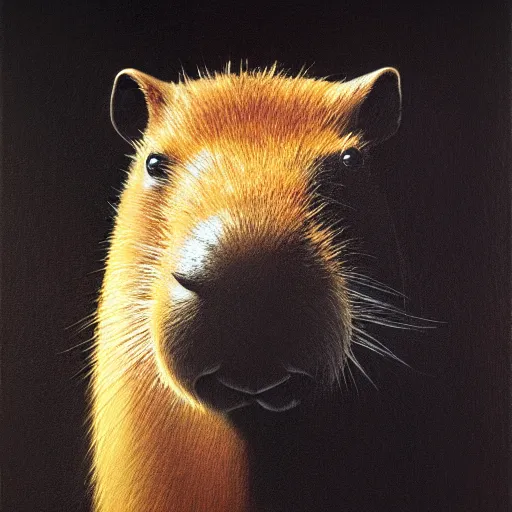 Image similar to a portrait of a capybara wearing a black hood, cloak covering face, anatomically correct, beautiful perfect face, enigmatic, oil painting, matte, black background, volumetric dynamic lighting, highly detailed, cinematic lighting, unreal engine, 8 k, hd, by beksinski