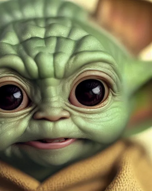 Image similar to a cute closeup portrait of cute Baby Yoda by Craig Mullins; beauitiful; realistic-lighting; anatomically-correct; 90mm; f/1.4