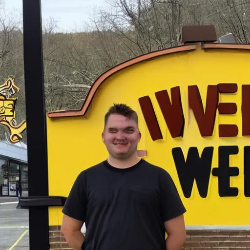 Image similar to wafflehouse employee's standing below wafflehouse sign