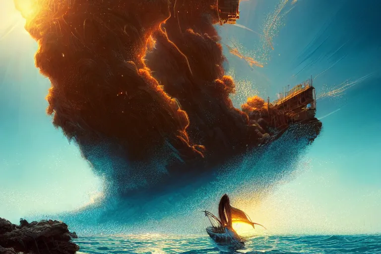 Image similar to detailed intricate digital illustration by greg rutkowski and artgerm and wlop and sanford robinson gifford ; nuclear bomb radiating bright, blinding lens flare across the horizon of a serene ocean, beautiful, glistening water and waves ; 1 3 mm film, arri alfa anamorphic lens, golden hour lighting ; sharp focus ; trending on artstation 8 k