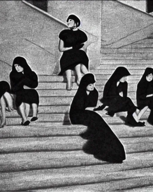 Image similar to a group of women in black dresses sitting on steps, a screenshot m. c. escher and pascal blanche and frank frazetta, behance, vorticism, reimagined by industrial light and magic, movie still, elite