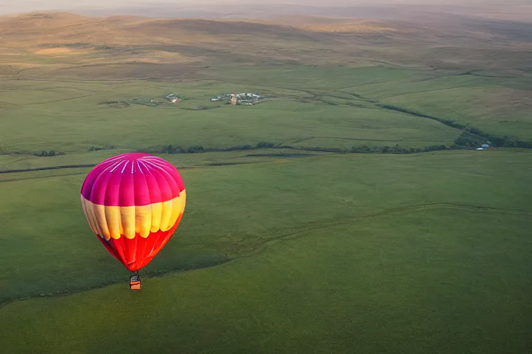 Image similar to aerial photography, scotland, hot air balloon shaped like a hamburger, dusk