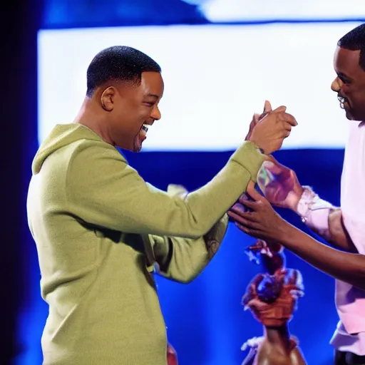 Image similar to Will Smith getting slapped by Chris Rock on a stage, 80mm, dslr photo