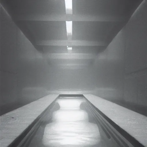 Image similar to Beautiful cameraphone 2000s, soft liminal Photograph of foggy hallway pool growing