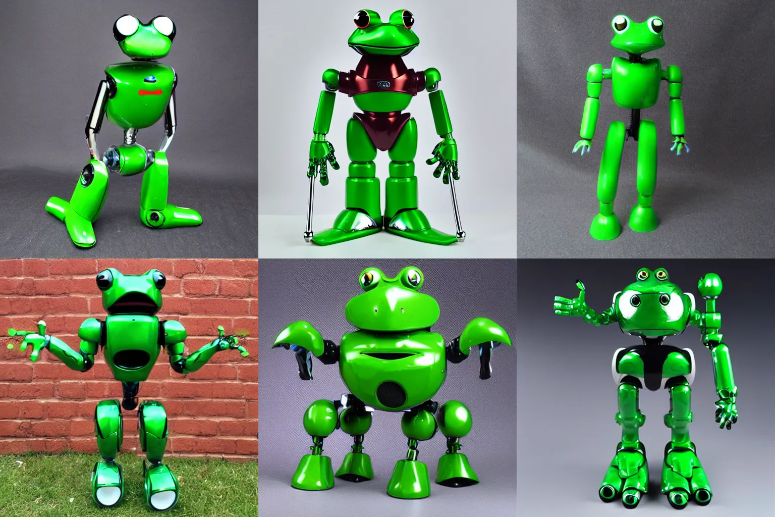 Prompt: cool green jumbo machinder bipedal standing robot frog toy, soft vinyl, plastic, chrome, go nagai, super robot