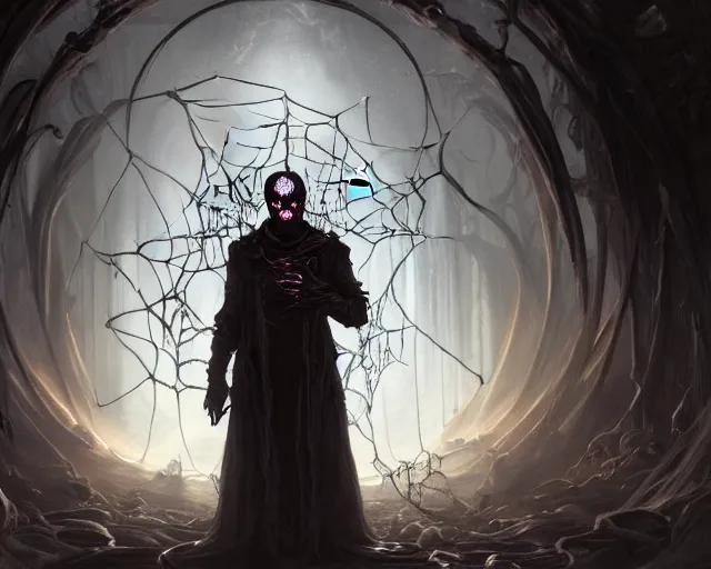 Image similar to a 4 k cinematic screenshot still portrait of a ghoul in a dark liminal space room surrounded by spider webs, deep focus, d & d, fantasy, intricate, elegant, highly detailed, digital painting, art station, concept art, matte, sharp focus, illustration, dark fantasy style art, hearthstone, art by artgerm and greg rutkowski and alphonse mucha