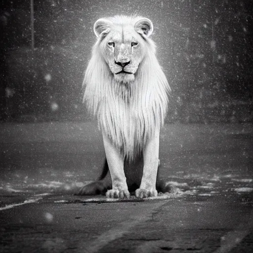 Image similar to an award winning National Geographic picture of a white lion wearing a denim Jacket in the snow by Lee Jeffries, 85mm ND 5, perfect lighting in a snow storm