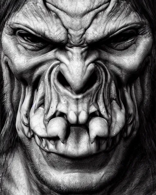 Image similar to orc, hyper realism, fine details, deviantart artstation, extremely detailed, black and white, very sharp, in the style of albrecht durer