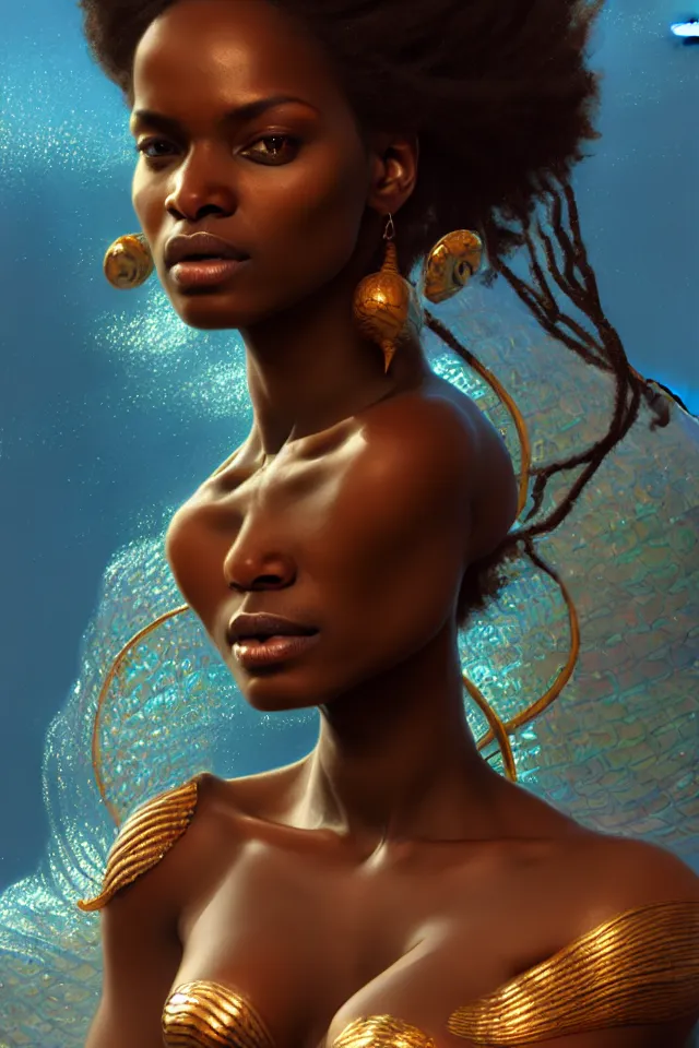 Prompt: Sudanese Mermaid, highly detailed, not deformed like every time I try to create a black woman, no racism, digital painting, artstation, concept art, smooth, sharp focus, illustration, Unreal Engine 5, 8K, art by Ross Tran and Greg Rutkowski and Alphonse Mucha