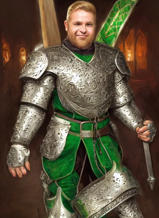 Prompt: portrait, fantasy beardless dwarf cleric, young adult, no beard, short blonde hair combed to one side, silver and emerald breastplate with religious engravings, clean shaven, green eyes, slightly smirking, style by donato giancola, wayne reynolds, jeff easley dramatic light, high detail, cinematic lighting, artstation, dungeons and dragons
