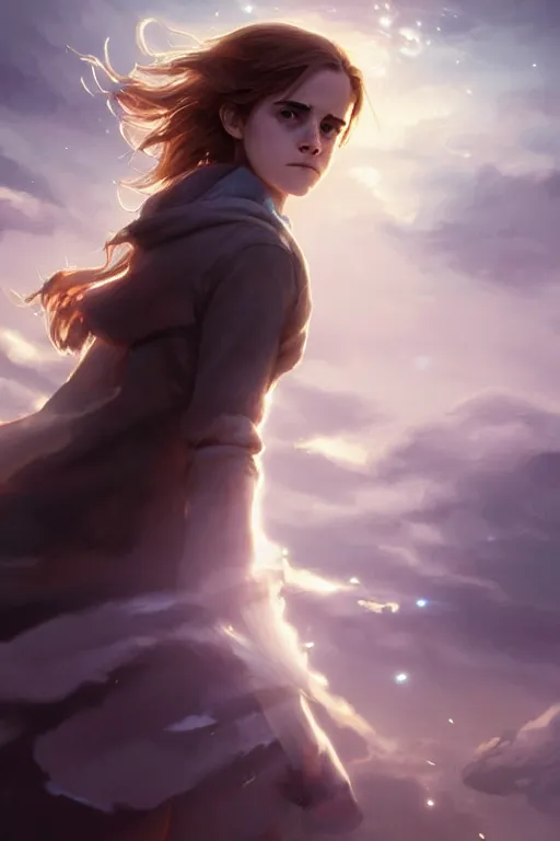 Prompt: Poster artwork, Emma Watson as Hermione Granger, fading, dissolving into light, vanishing, magnificent, medium shot, close up, details, sharp focus, elegant, highly detailed, illustration, by Jordan Grimmer and greg rutkowski and PiNe(パイネ) and 薯子Imoko and 香川悠作 and wlop!! and maya takamura, intricate, beautiful, Trending artstation, pixiv, digital Art