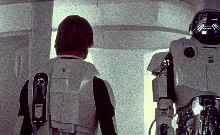 Prompt: cinematic still image screenshot portrait of cybernetic luke skywalker stares down at his cybernetic hand, while he is talking to a lonely medical droid, from the tv show on disney + anamorphic lens, photo 3 5 mm film kodak from empire strikes back crisp 4 k imax, moody iconic scene, a window frame into space behind them