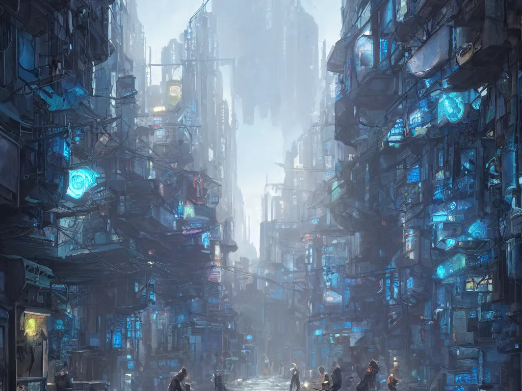 Prompt: hyperrealistic matte painting of a alleyway of a grand city, wanderers traveling from afar, 8 k resolution, by hugh ferris and john smith, polished, fine detail, blue color scheme, cyberpunk style, smooth, octane, concept art, trending on artstation