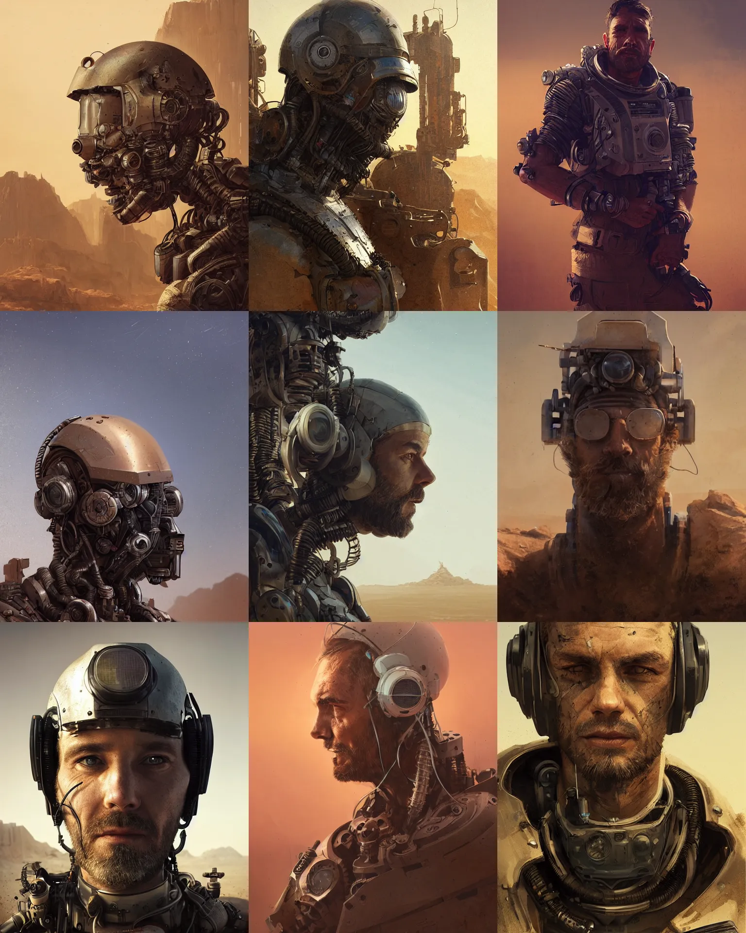 Prompt: a rugged engineer man with cybernetic enhancements lost in the desert, scifi character portrait by greg rutkowski, esuthio, craig mullins, 1 / 4 headshot, cinematic lighting, dystopian scifi gear, gloomy, profile picture, mechanical, half robot, implants, steampunk