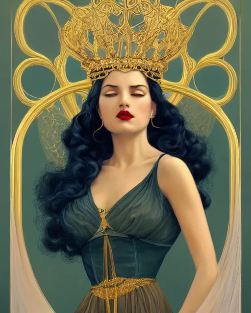 Prompt: a beautiful goldish woman, pinup pose, long hair, tall and thin, wearing dozens of pendants and a gown of gold, small delicate crown of the sea on her head, illustration, symmetry accurate features, volumetric light clouds, ultra realist soft painting, (art nouveau), octane render, 8k, HD, by Tom Bagshaw, Brom, Charlie Bowater, faces by otto schmidt