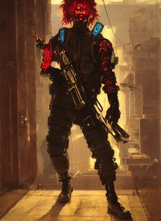 Image similar to crazy eddie. cyberpunk clown wearing a military vest and combat gear. (Cyberpunk 2077, bladerunner 2049). Iranian orientalist portrait by john william waterhouse and Edwin Longsden Long and Theodore Ralli and Nasreddine Dinet, oil on canvas. Cinematic, hyper realism, realistic proportions, dramatic lighting, high detail 4k