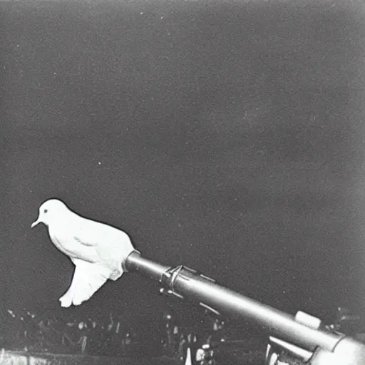 Image similar to grainy photograph of a white dove sitting on a tank gun during war night