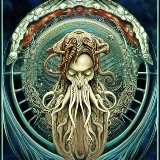 Prompt: portrait of cthulhu made with porcelain by Jeff Easley and Peter Elson + beautiful eyes, beautiful face + symmetry face + border and embellishments inspiried by alphonse mucha, fractals in the background, galaxy + baroque, gothic, surreal + highly detailed, intricate complexity, epic composition, magical atmosphere + masterpiece, award winning + trending on artstation