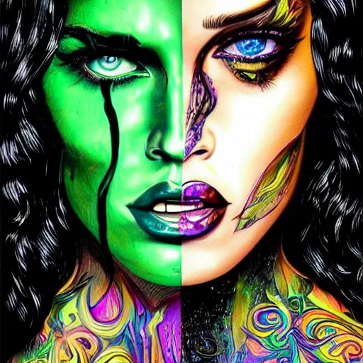 Image similar to an extremely psychedelic portrait of megan fox as the riddler, surreal, lsd, face, detailed, intricate, elegant, lithe, highly detailed, digital oth, sharp focus, illustration,