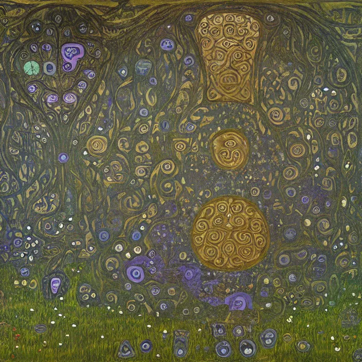 Prompt: ancient overgrown! ruins, medieval gates, indigo runestones, mysetrious etherial mesmerizing runic!! cat eyes, magical elven geometry, concept art by gustav klimt!!, deviantart contest winner, environmental art, pretty indigo flowers, fairy circles, lit by moonlight!!, high detail, intricate masterpiece