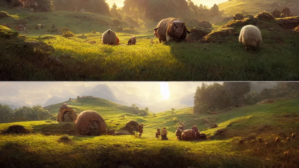 Image similar to a beautiful painting of hills in the shire with round hobbit doors and windows in them, with a young hobbit shepherd driving fat sheep, at sunrise, intricate, elegant, highly detailed, digital painting, artstation, concept art, by krenz cushart and artem demura and alphonse mucha