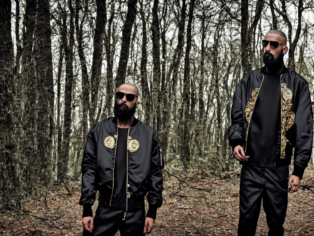 Prompt: versace avant garde male oversized bomber jacket necklace textiles streetwear cyberpunk black skin shaved head trimmed beard in the woods overcast late evening dramatic professional color 8 k hdr