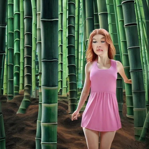 Image similar to A young beautiful giantess with a pretty face,she has green eyes, a cute nose and pink lips,she is wearing a sundress and sandals, walking in a bamboo forest ,detailed body and eyes,proper anatomy, beautiful lighting,,digital art , highly detailed , high contrast, beautiful lighting, award winning , trending on art station, 8k, photo realistic,unreal engine 5