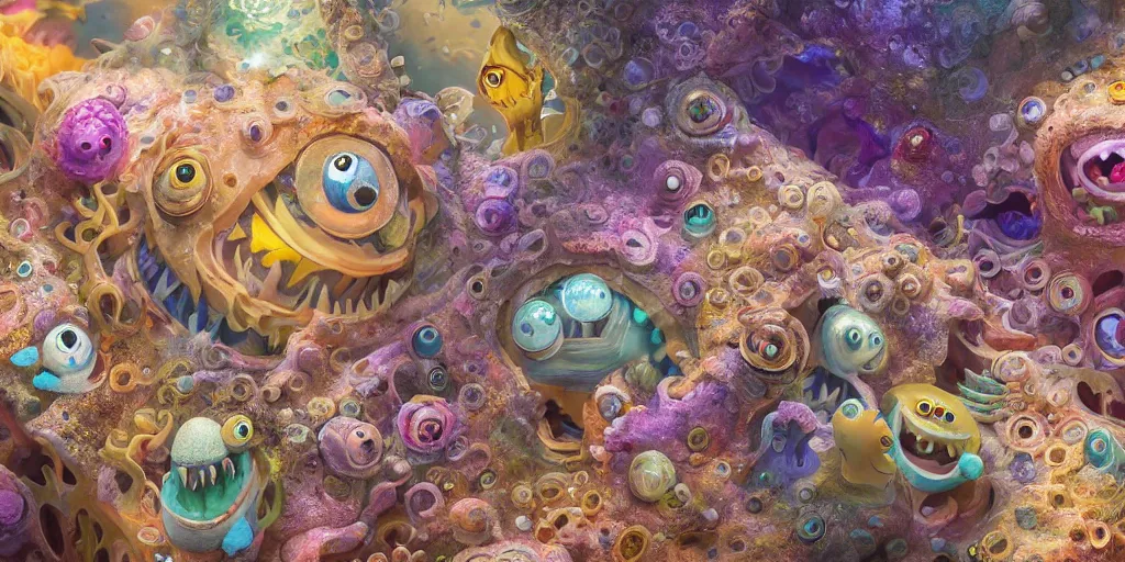 Image similar to of an intricate sea reef with strange cute friendly happy creatures with huge eyes, mouth, long tongue, round teeth and goofy face, appearing from the background, in the style of gehry and gaudi, macro lens, shallow depth of field, ultra detailed, digital painting, trending artstation, concept art, illustration, cinematic lighting, photorealism, epic, octane render