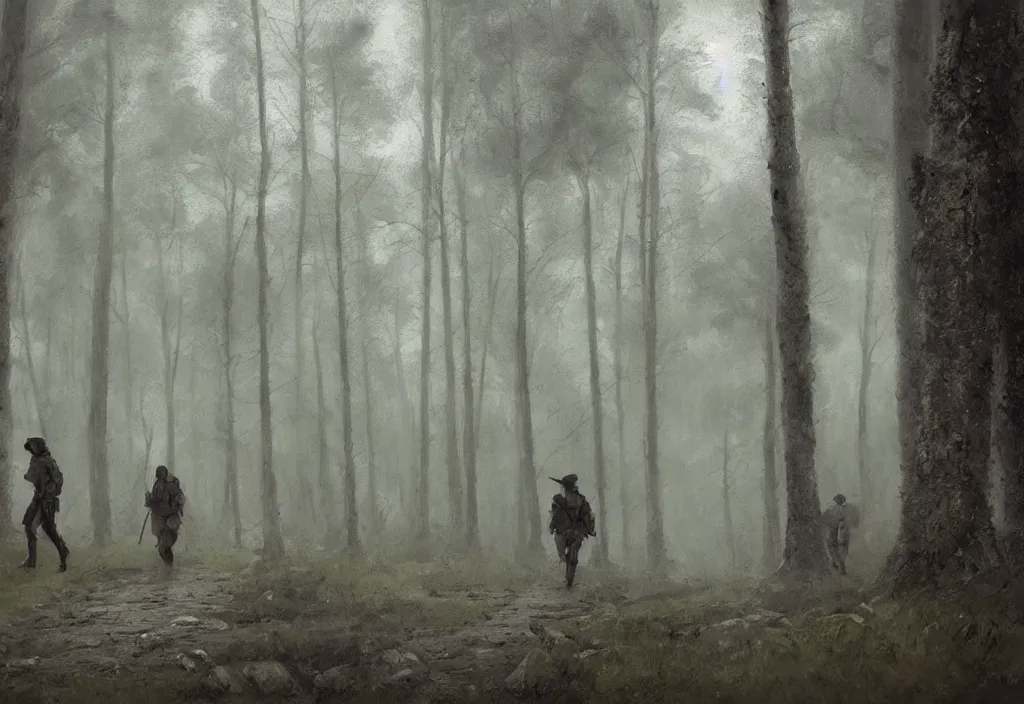 Image similar to side view of musketeers walking in a forest, foggy, rain, gloomy, mysterious, artstation, jakub rozalski, high detail