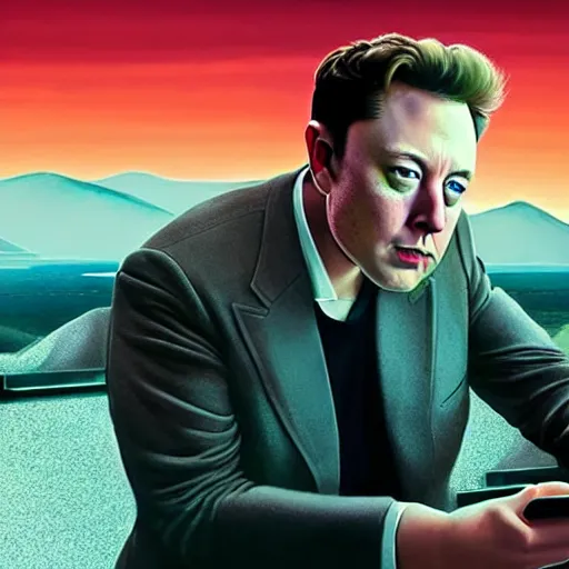 Image similar to hyperrealism aesthetic ridley scott and denis villeneuve style photography of a detailed giant elon musk, siting on a detailed ultra huge toilet and scrolling his smartphone in hyperrealism scene from detailed art house movie in style of alejandro jodorowsky and wes anderson