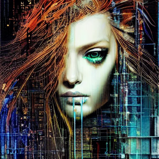 Prompt: hyperrealistic portrait of a mysterious cyberpunk woman with flowing hair, by Guy Denning, Johannes Itten, Russ Mills, beautiful, elusive, glitch art, beautiful eyes, hacking effects, detailed eyes, glitch effects, digital tech effects, cybernetics, detailed lines, intricate detail, holographic, chromatic, clear, color blocking, acrylic on canvas, octane, concept art, abstract, red face, front view, 8k, trending on cgsociety, trending on artstation