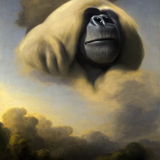 Image similar to A cloud that looks like Harambe, dreamlike, spiritual vision, detailed, 4K, artstation, by Benjamin West, Henri Fantin-Latour