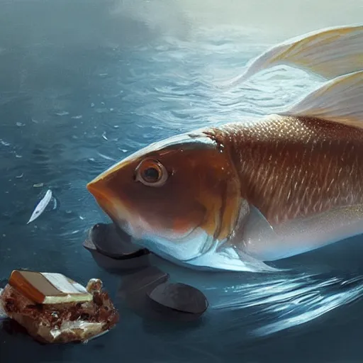 Image similar to a fish laying on top of a chocolate bar. soft, atmospheric, warm lighting. highly detailed digital painting by mandy jurgens.