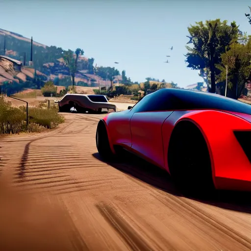 Image similar to futuristic sleek sports car in red dead redemption 2